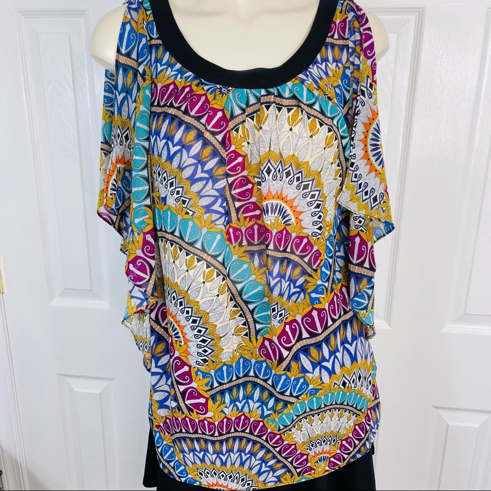 NICOLE MILLER dress blouse vibrant belted top Flowy boho sleeveless black XS